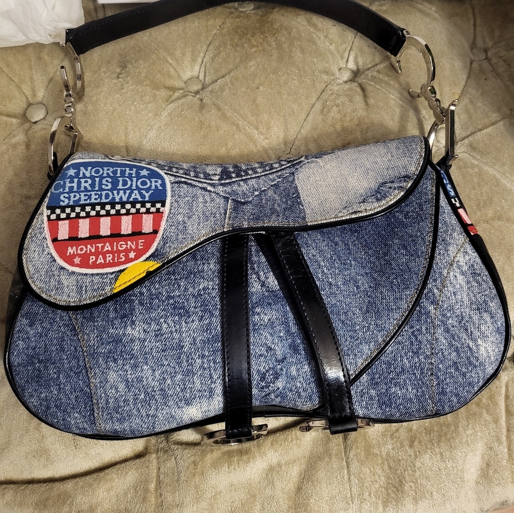 Authentic Christian Dior Patchwork Speedway denim double saddle bag - Picture 6 of 11